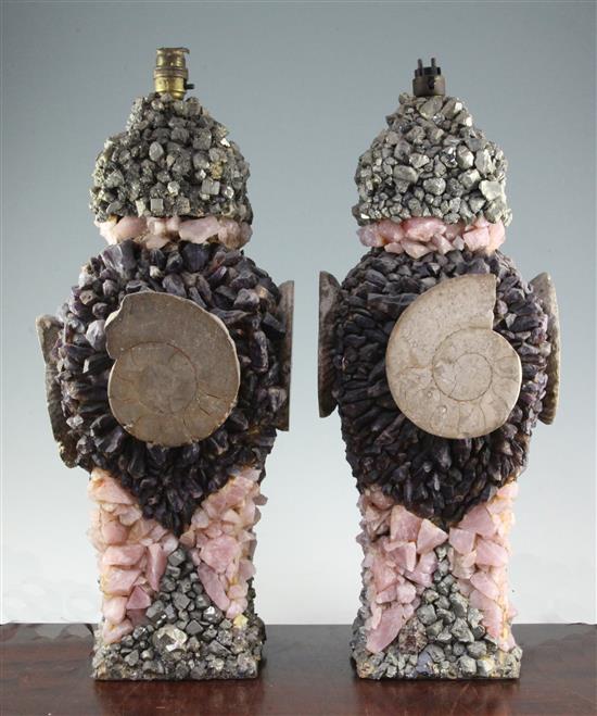A pair of Anthony Redmile fossil and quartz encrusted square baluster table lamps, H.22in.
